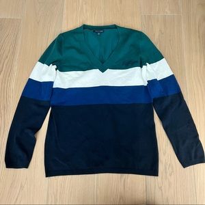 Tommy Hilfiger v neck color block blue green white sweater medium cotton